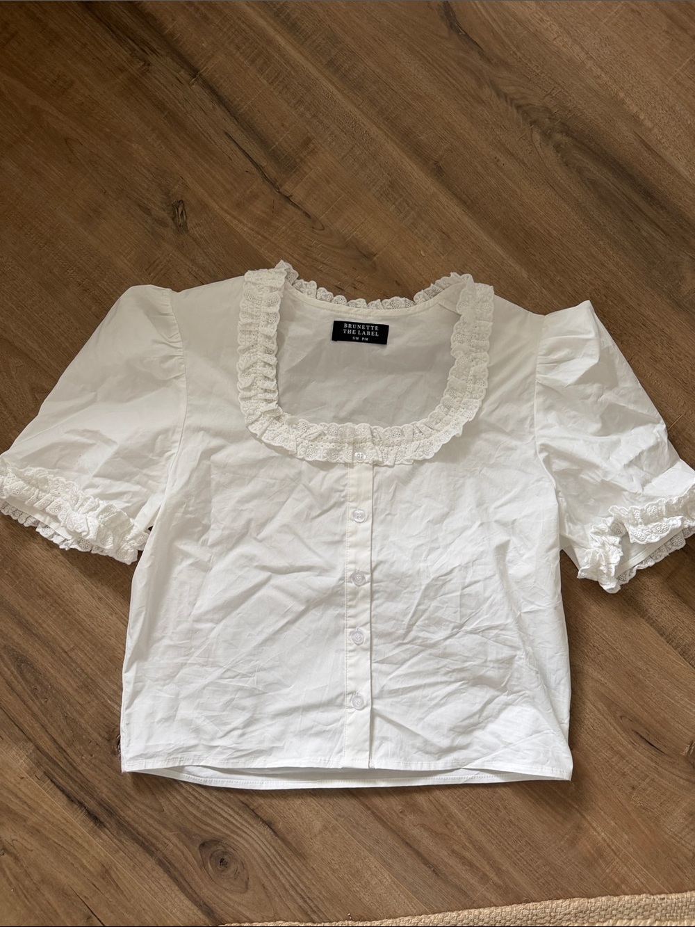 Brunette The Label White Ruffle Square Neck Button-Down Top